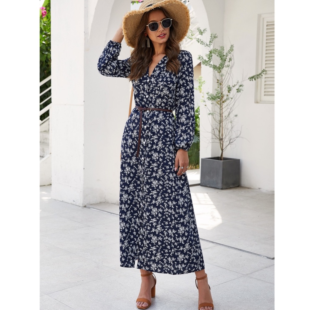 Floral Print Navy Blue Maxi Buttoned Up Dress - Picture 2 of 8